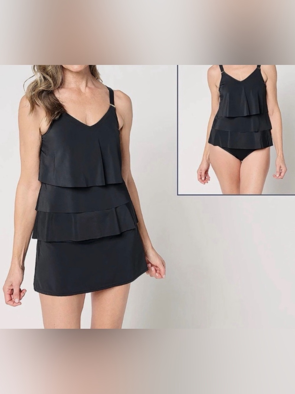 New Susan Graver Soleil Tiered Tankini with Skirt & Brief Black size 14